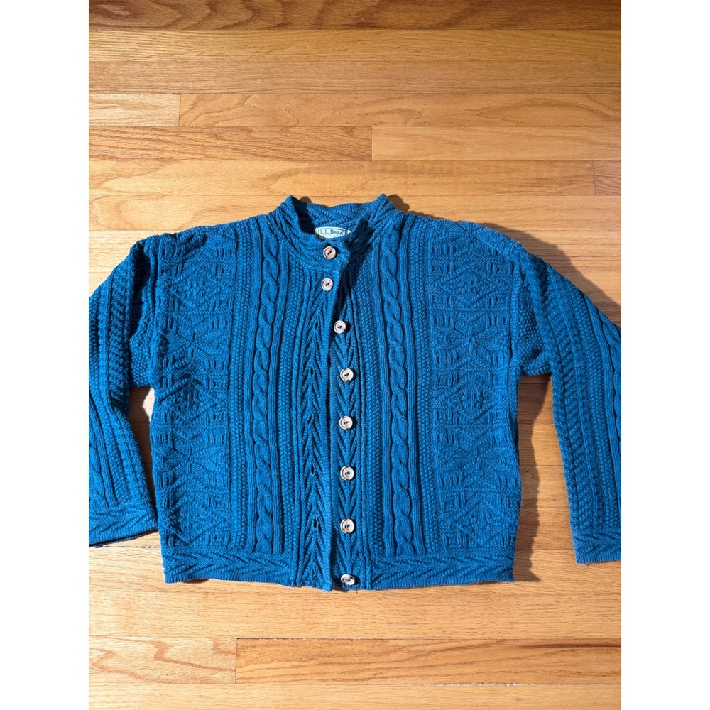 Vintage LL Bean Green Cable Knit Cardigan Made in USA Cotton Sweater S
